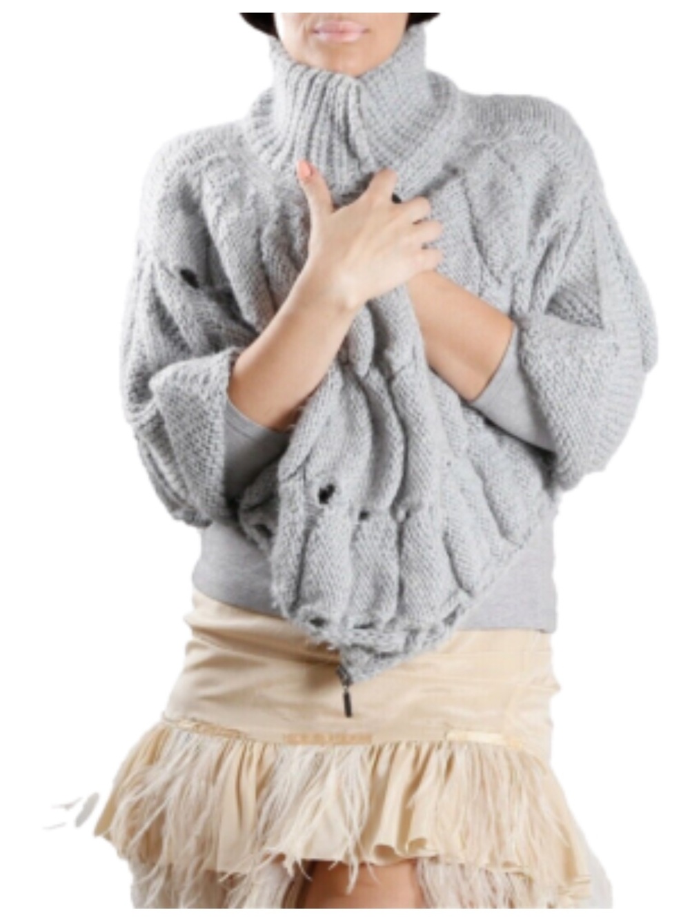 Tarnish Chunky Cable Turtleneck Sweater Cape - Light Gray